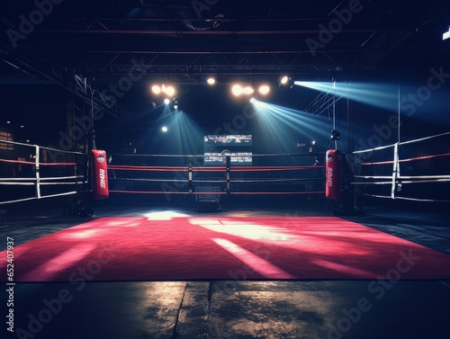 Epic empty boxing ring in the spotlight on the fight night AI photo