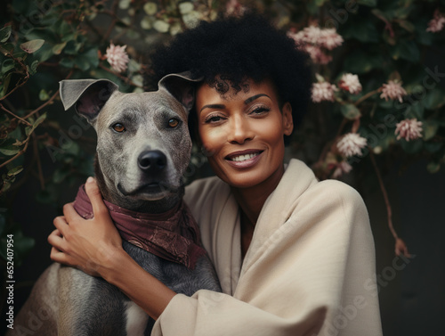 Portrait of beautiful mature black woman with her dog