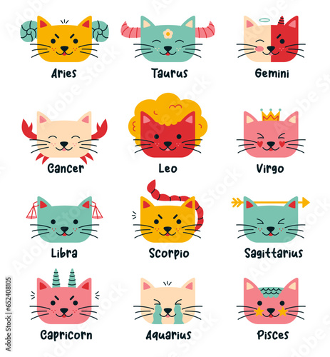 Cute funny zodiac cats collection. Cartoon twelve cats as zodiacal signs isolated on white background.
