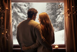 Couple looks out of the window at the snow covered outdoors, back view. Generative AI