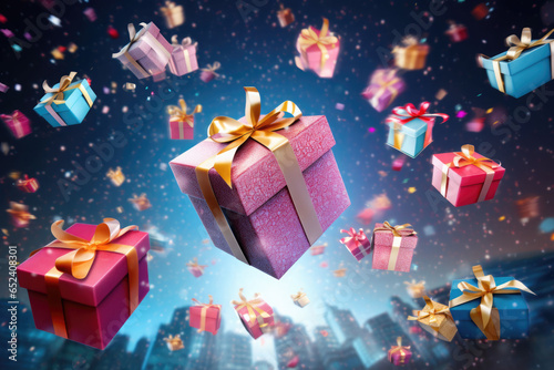 Christmas colorful gift boxes are flying and falling from the sky. Generative AI