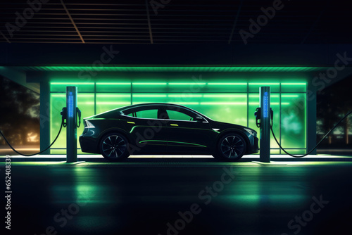 Electric car at a charging station in night. Car silhouette side view. Generative AI