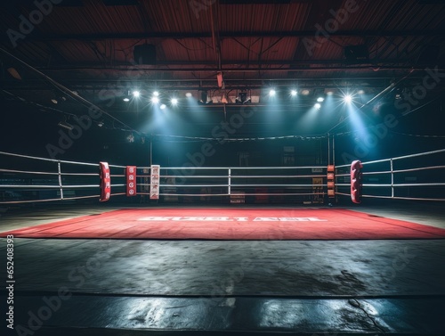 Epic empty boxing ring in the spotlight on the fight night AI photo