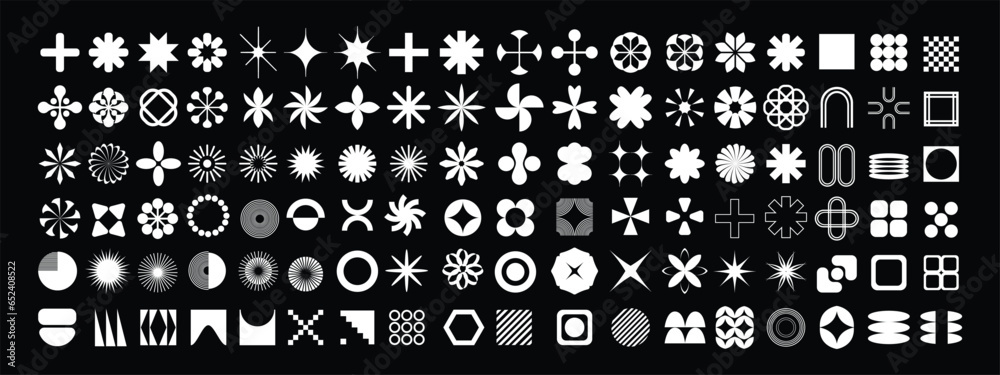 Geometric abstract flower shape set, funky star figure vector icon kit, retro brutal minimal art. Simple Memphis y2k elements collection, floral grid flat bauhaus template. Abstract flower forms