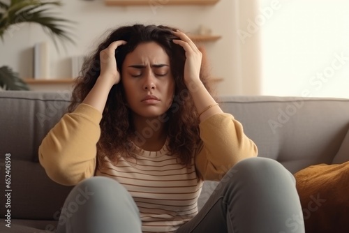 Overweight young woman suffering from headache photo