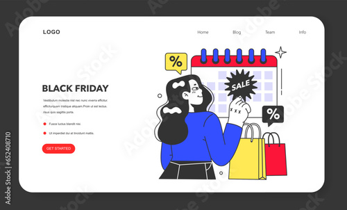 Black friday web banner or landing page. Happy character with shopping