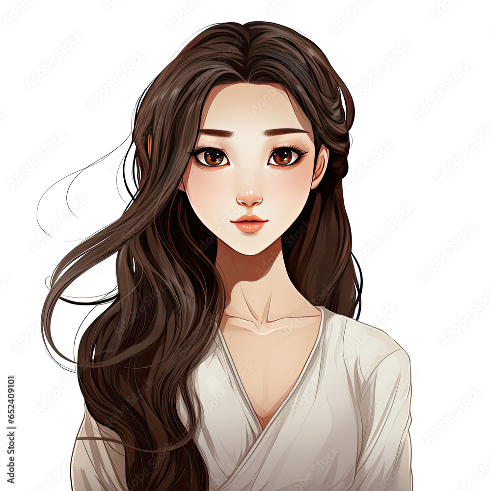 Cartoon beautiful woman with long hair wearing a white shirt Cartoon beautiful woman with long hair wearing a white shirt