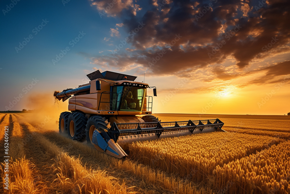Fototapeta premium Combine harvester at gold light,