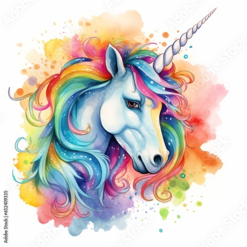 Adorable unicorn with rainbow mane showcased in watercolor clipart photo