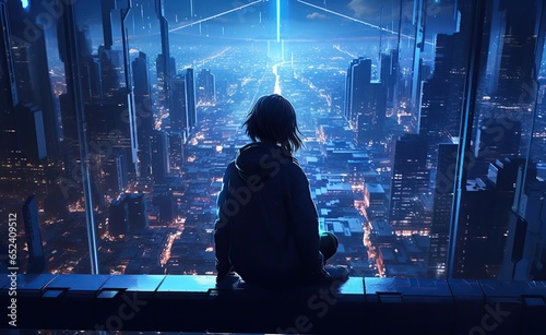 Obraz na płótnie Anime girl on a city ledge