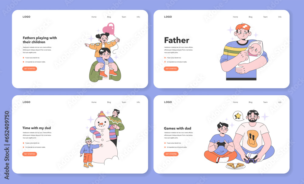 Father and children relationships web banner or landing page set.