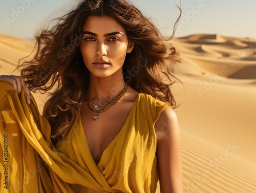Indian girl in mustard maxi dress exudes boho glamour on golden sand dunes