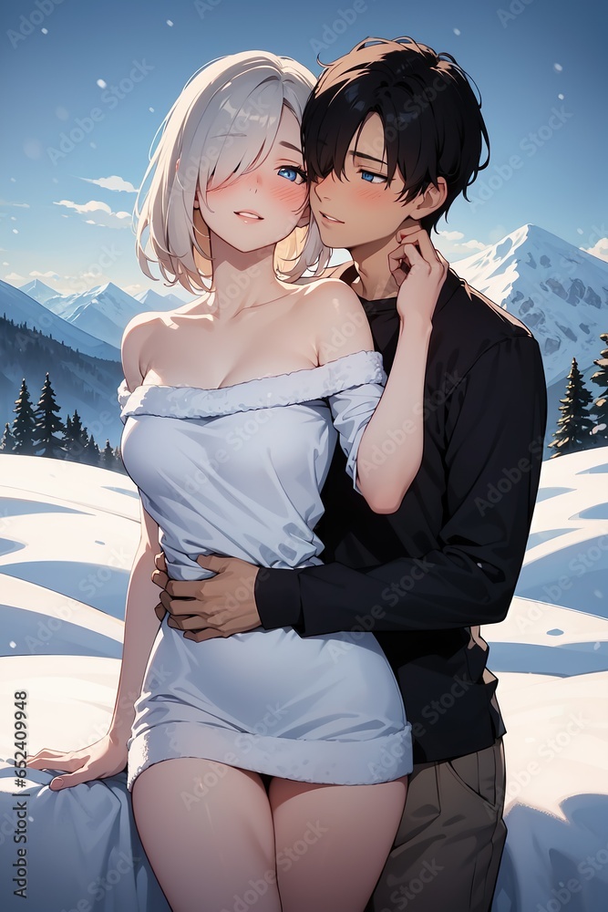 Anime - Shooting photo d'un couple dans la neige