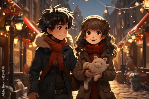 Cute couple in winter Christmas, Romantic wallpaper. Anime style characters, AI generated © Nattawat