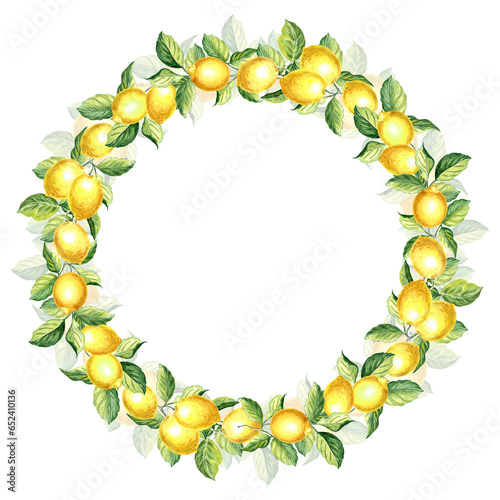 Wreath of yellow lemons with green leaves Watercolor hand drawn illustration isolated on white background for design, invitation, stickers, patterns, packaging, cards, textiles, embroidery.