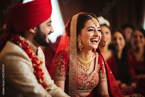 Vivacious Punjabi bride in red lehenga gazes at groom during vibrant festivities