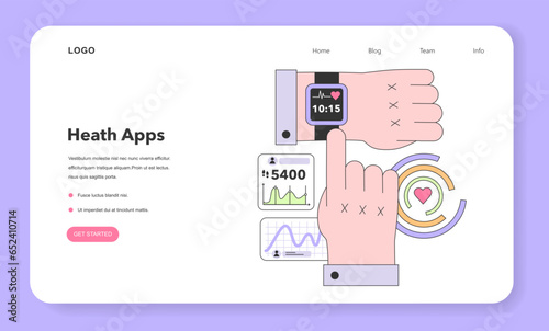 Health tracker smart watch web banner or landing page. Character