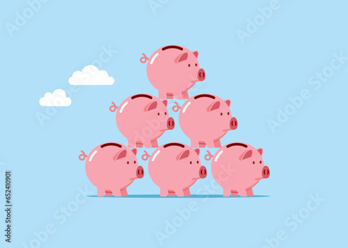 Piggy Banks Stand with group. Flat vector illustration