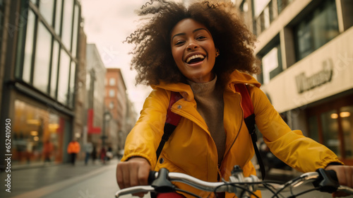 Black young content creator woman cycling in the city