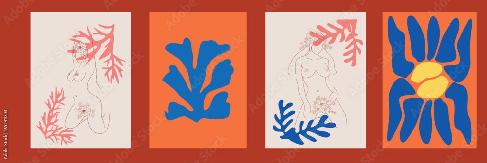 Matisse-inspired female figures in different poses with flowers in a minimalist style