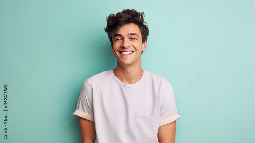 Young man cheerful on the pastel background
