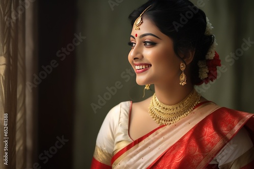 Graceful Bengali bride in traditional Benarasi saree reflecting joy and cultural fervor photo