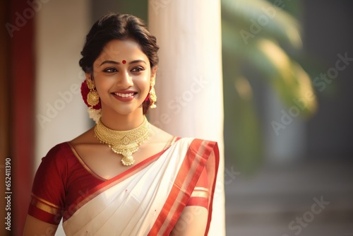 Graceful Bengali bride in traditional Benarasi saree reflecting joy and cultural fervor