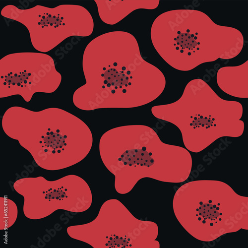 Trendy floral seamless pattern inspired, blue and red poppies, black and white floral pattern