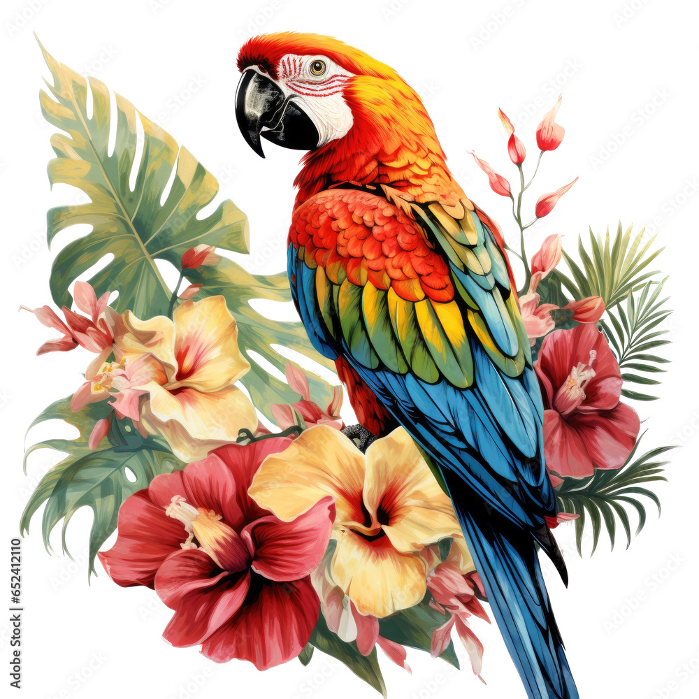 Fototapeta premium an island floral with a Scarlet Macaw, pirate Island graphic for stickers, t-shirts, etc. in a Paradise-themed, retro illustration in a transparent PNG, cutout, and isolated. generative ai