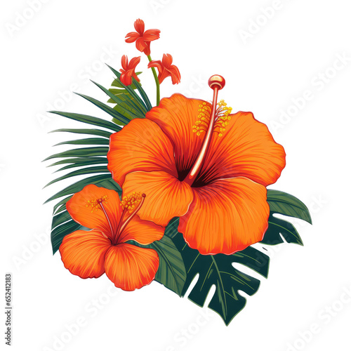 Vintage orange and white Hibiscus with foilage  a pirate Island graphic for stickers  t-shirts  etc. in a Tropical-themed   illustration in a transparent PNG  cutout  and isolated. generative ai