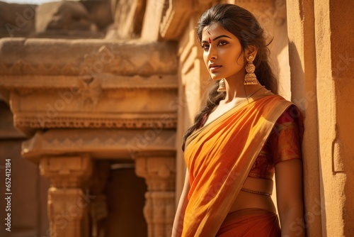 Andhra woman in vibrant Nivi saree, standing amidst Hampi's ruins, reflecting Andhra Pradesh's grandeur photo