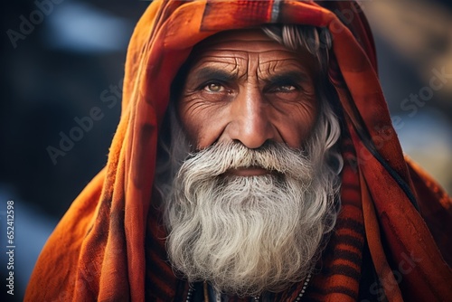 Elderly man from Himachal Pradesh, wrapped in woolen shawl, content expression reflecting mountainous surroundings