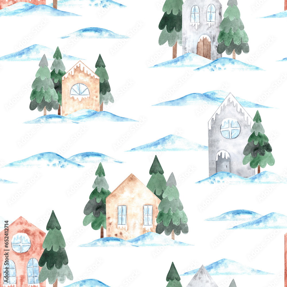 Watercolor winter seamless pattern of village landscape. Hand painted christmas wood with different cozy little houses, fir trees, snowdrifts. New year winter forest. illustration for cards, textile.
