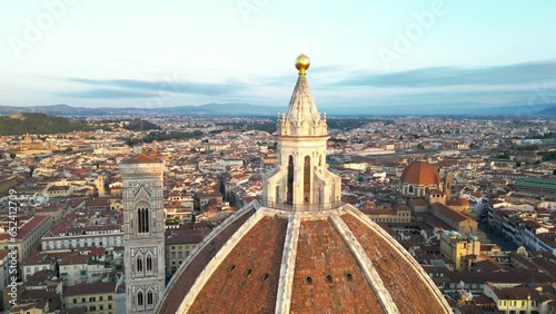 Aerial close view of the Florence Cathedral (Duomo di Firenze) at sunrise, Tuscany, Italy