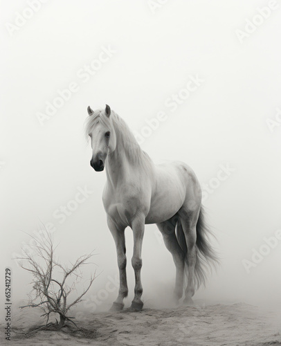 a white horse is seen facing in a black and white image,  stark simplicity. AI Generative