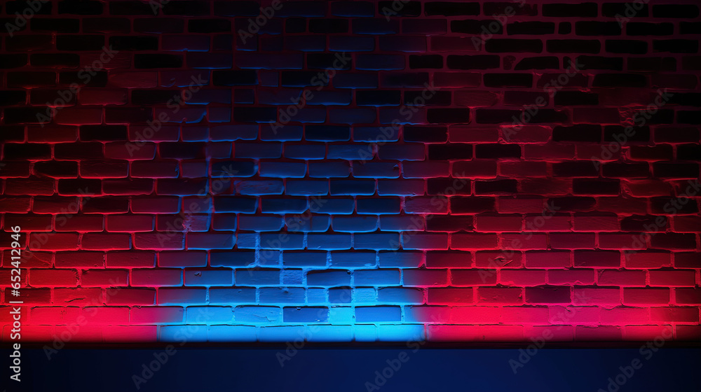 Neon light on brick walls that are not plastered background and texture. Lighting effect red and blue neon background. Generative AI. Neon light on brick walls that are not plastered background and texture. Lighting effect red and blue neon background. Generative AI.
