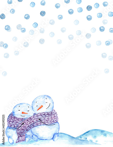 Christmas new year xmas mock up with copy space and snowdrifts, snow and snowflakes.Watercolor cute cartoon snowman and snow girl tied one scarf, hugging lovers.Christmas new year card illustration