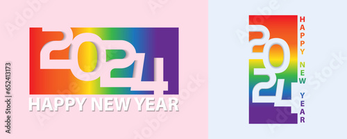 Happy New Year 2024 LGBT poster design. LGBTQ 2024 pride month with rainbow colors.