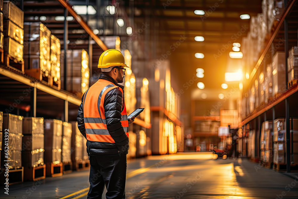 Foreman in uniform wearing safety helmet using tablet checking containers loading Foreman in uniform wearing safety helmet using tablet checking containers loading