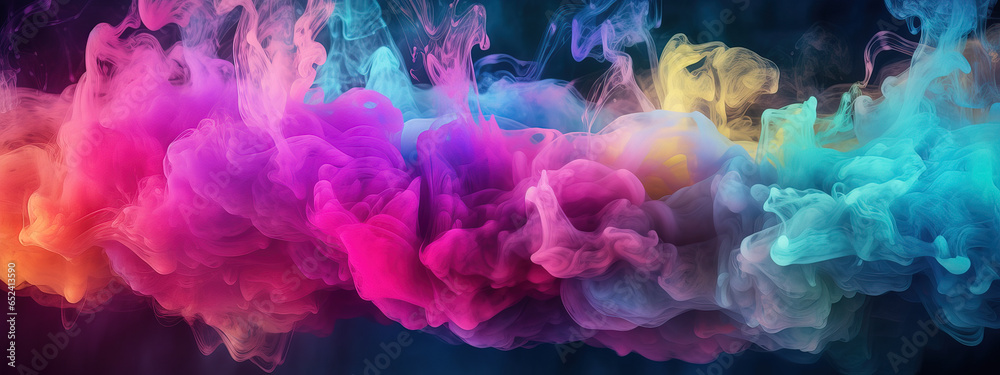 Fototapeta premium Smoke colorful clouds background banner for webpage. Paint explosion blue, pink, purple, yellow multicolor mobile backdrop. Abstract multicolor futuristic fog, sky texture. Generative AI.