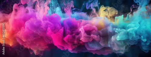 Smoke colorful clouds background banner for webpage. Paint explosion blue, pink, purple, yellow multicolor mobile backdrop. Abstract multicolor futuristic fog, sky texture. Generative AI.