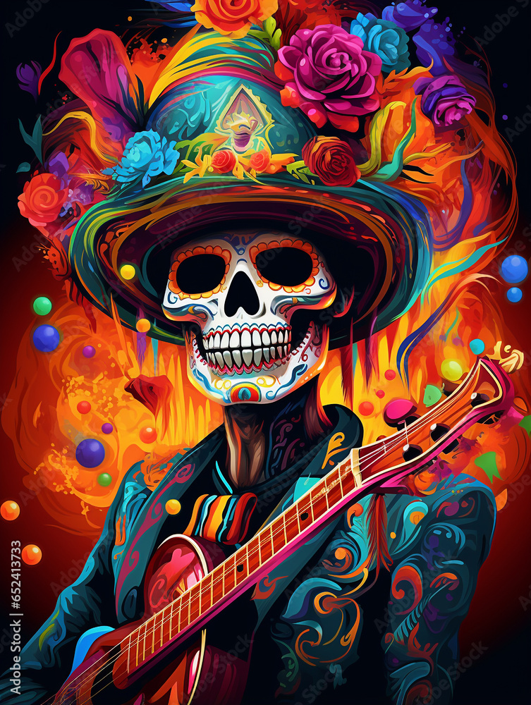 Dia de Muertos Day of dead ornamental skeleton in sombrero, Mexican Halloween poster Dia de Muertos Day of dead ornamental skeleton in sombrero, Mexican Halloween poster