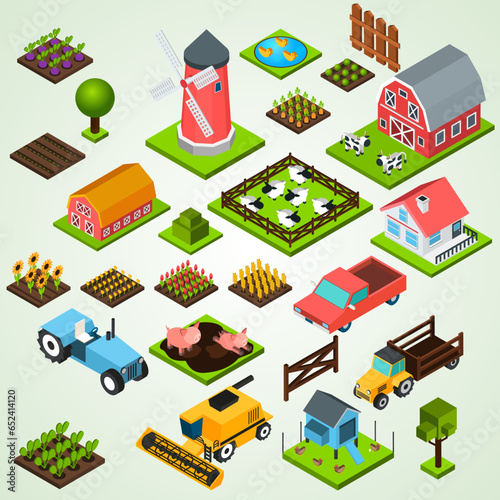 vector game isometric and colored concept with farming simulation game description and isolated farm house and piece of land vector illustration