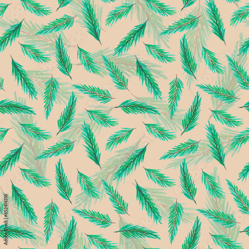 Hand drawn seamless pattern with pastel chalk green fir branches as christmas noel new year background on beige.