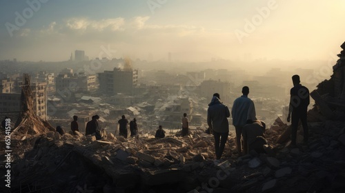 People on the street of a city destroyed by the elements