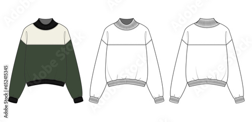 sweatshirt flat drawing technical sketch template. front and back sweatshirt outfit design vector illustration for a clothing brand. fashion CAD drawing mock up design for garment, apparel template.