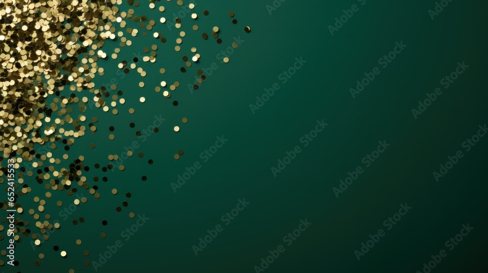 Golden and green confetti background. New years Christmas gold green background with copy space - obrazy, fototapety, plakaty 