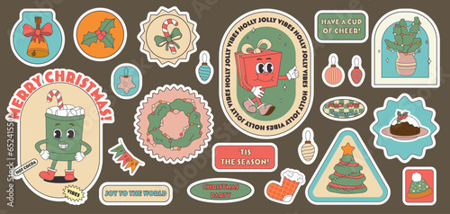 Set of Christmas stickers with Christmas tree, bell, cocoa, Santa Claus, elf, Christmas decorations. Various cute retro characters.