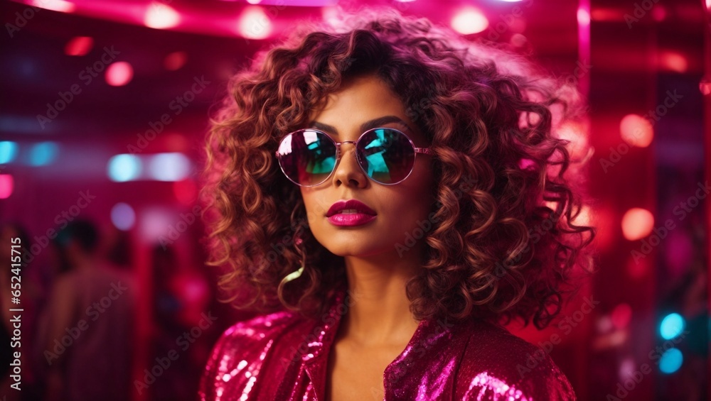 Stylish lady at a party in a nightclub in shiny retro outfit, portrait of a woman in nightclub