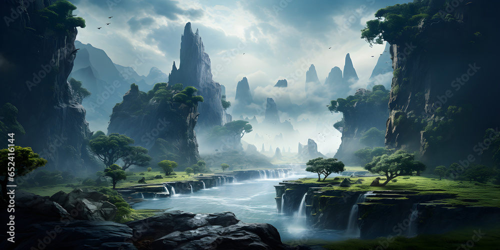 landscape with waterfalls cliffs and mountains landscape with waterfalls cliffs and mountains